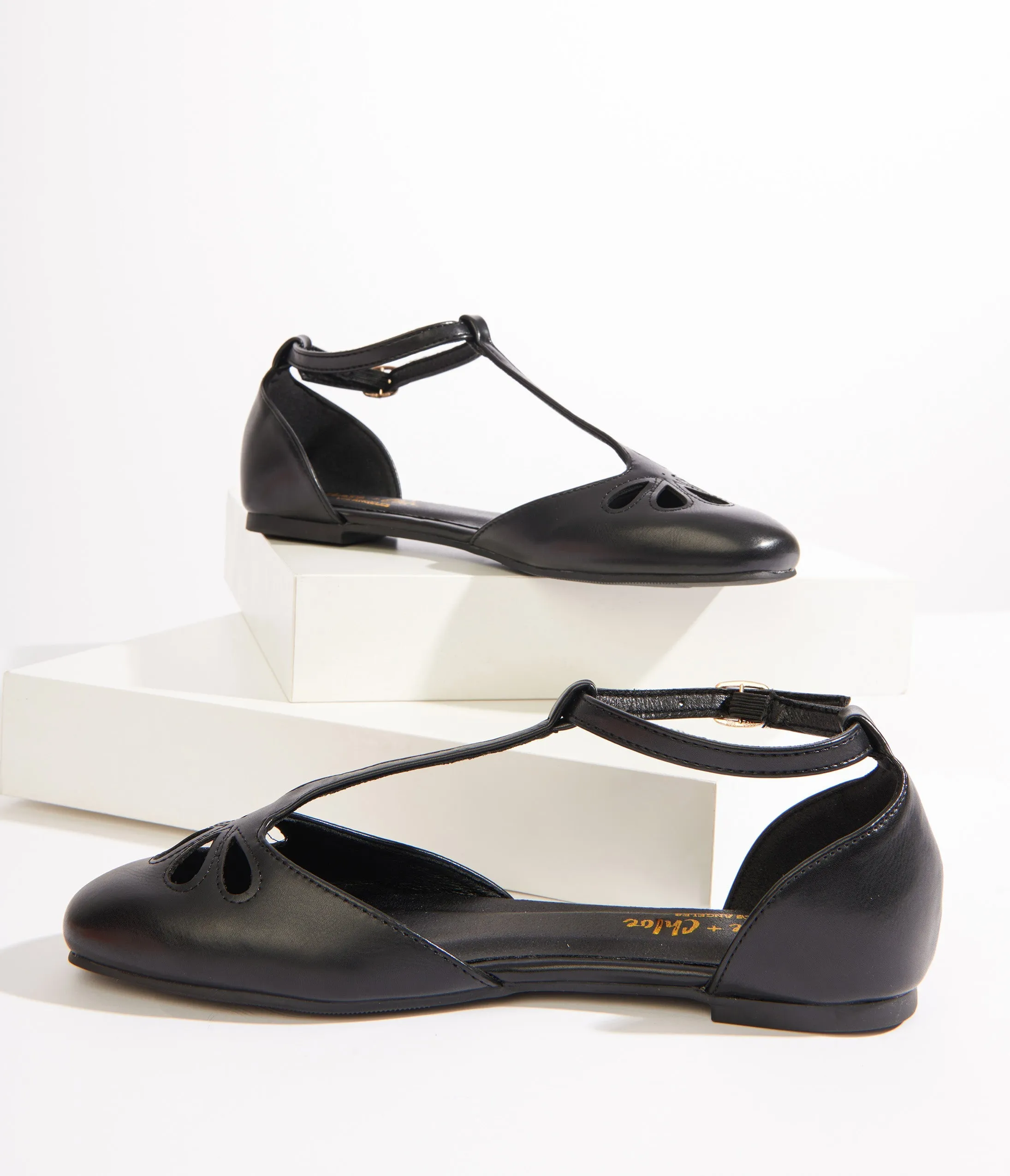 1920s Style Black Leatherette T-Strap Flats