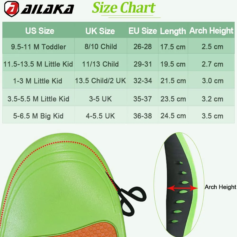 Ailaka Kids Orthotic Arch Support Shoe Insoles, Plantar Fasciitis Cushioning Athletic Inserts for Flatfoot Pain Relief Running Walking 3/5 UK Green