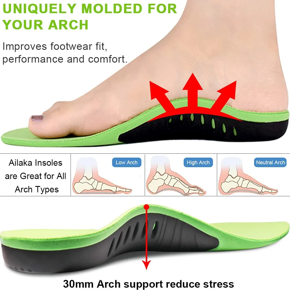 Ailaka Kids Orthotic Arch Support Shoe Insoles, Plantar Fasciitis Cushioning Athletic Inserts for Flatfoot Pain Relief Running Walking 3/5 UK Green