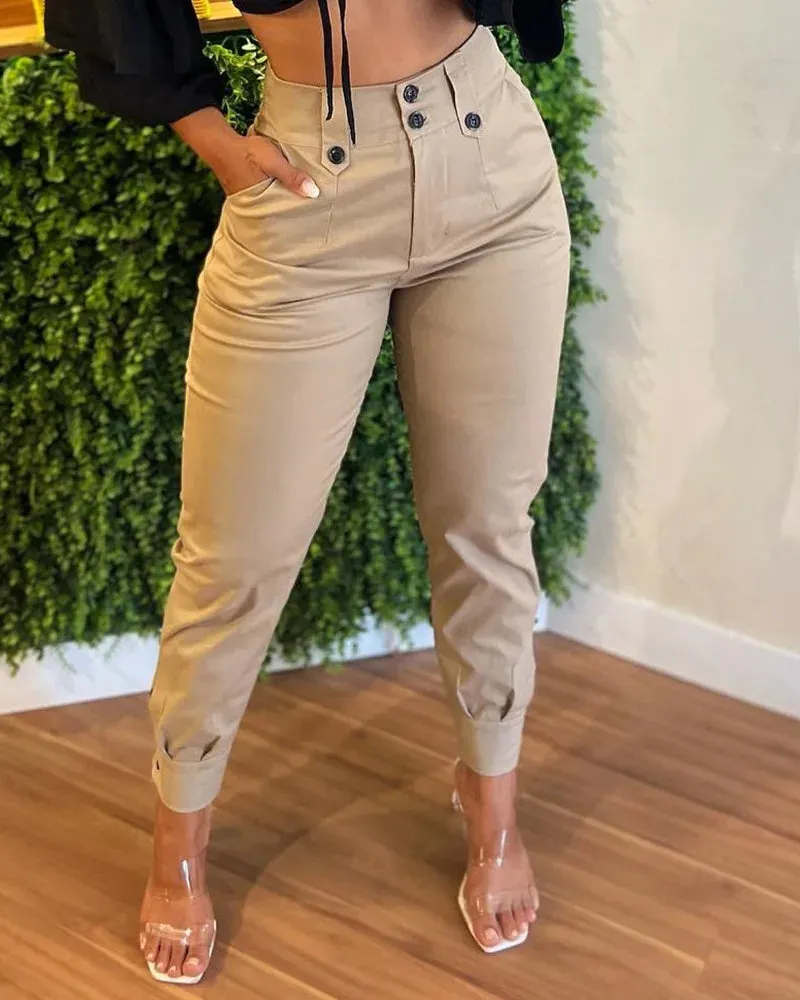 Amozae-Button Pockets Solid Color Pencil Pants Women's High Waist Khaki Casual Trousers 2024 Summer New Fashion Streetwear Long Pants