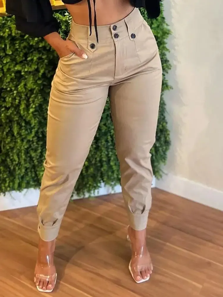 Amozae-Button Pockets Solid Color Pencil Pants Women's High Waist Khaki Casual Trousers 2024 Summer New Fashion Streetwear Long Pants