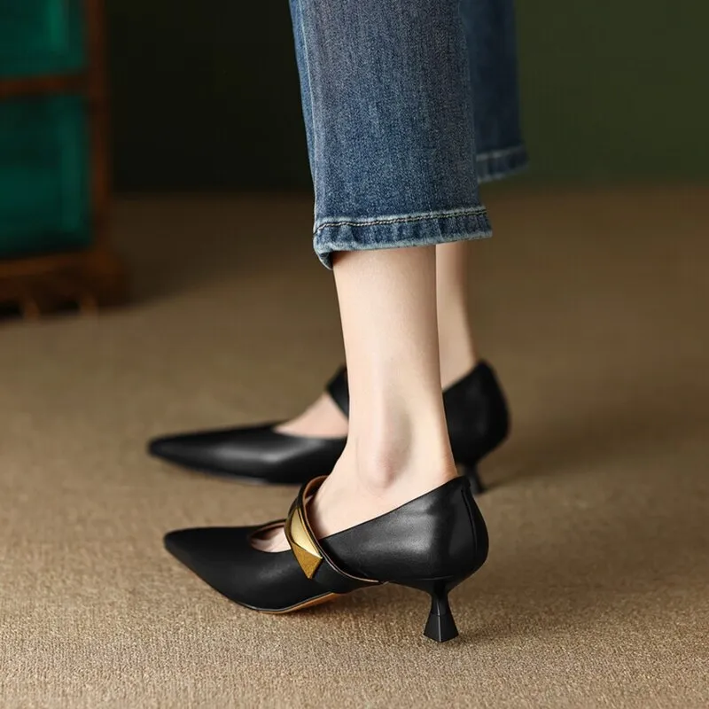 Amozae NEW Spring Shoes for Women Pointed Toe Thin Heel Women Pumps Split Leather High Heels Women Stiletto Heels Rivet Handmade Shoes