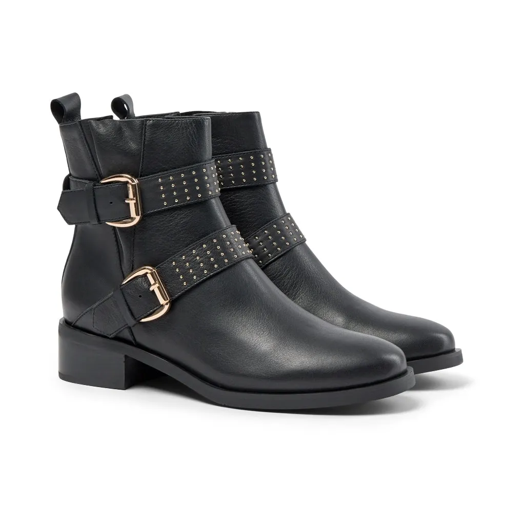 Amy Buckles Leather Boot - BLACK