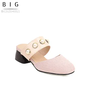 Bigsizeheels Houndstooth Pearl Round Toe Flats Sandals - Pink