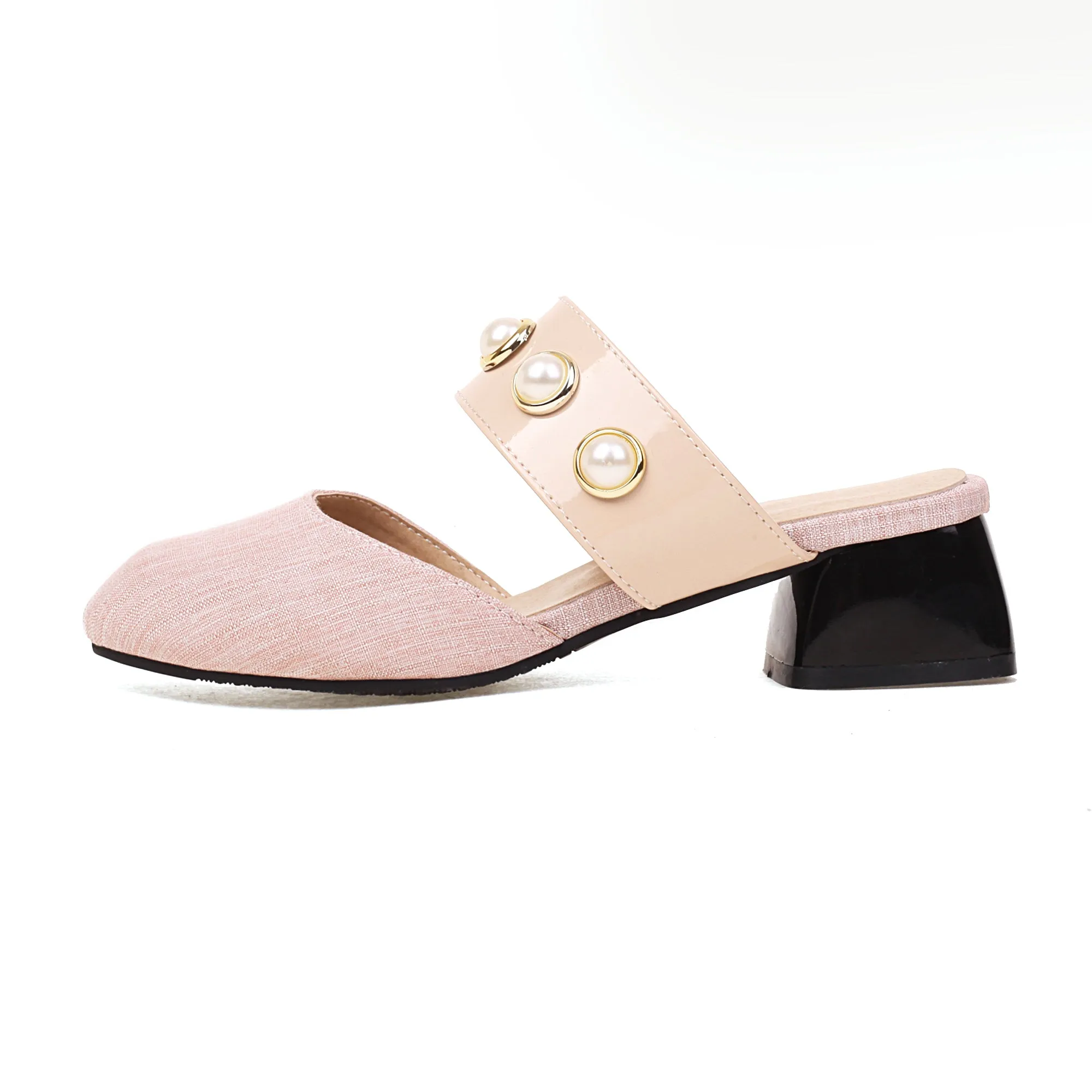 Bigsizeheels Houndstooth Pearl Round Toe Flats Sandals - Pink