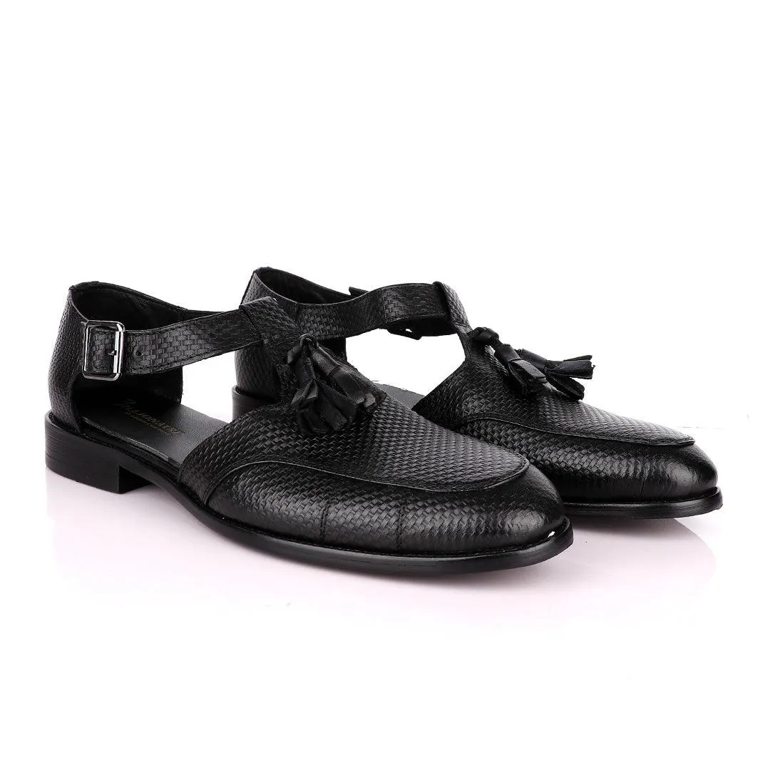 Billionaire Exotic Black Weaven with Tassel Cover Leather Sandal