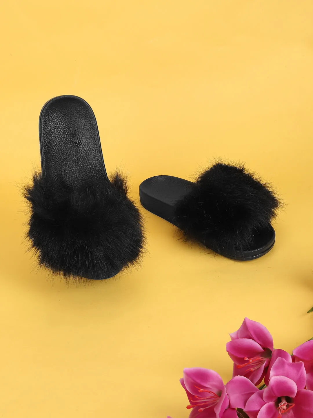 Black Fur Slip-On Flats (TC-AMUNA1012-BLK)