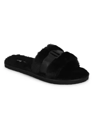 Black Fuzzy Fur Slip Ons With Buckle (TC-ST-1167-BLK)