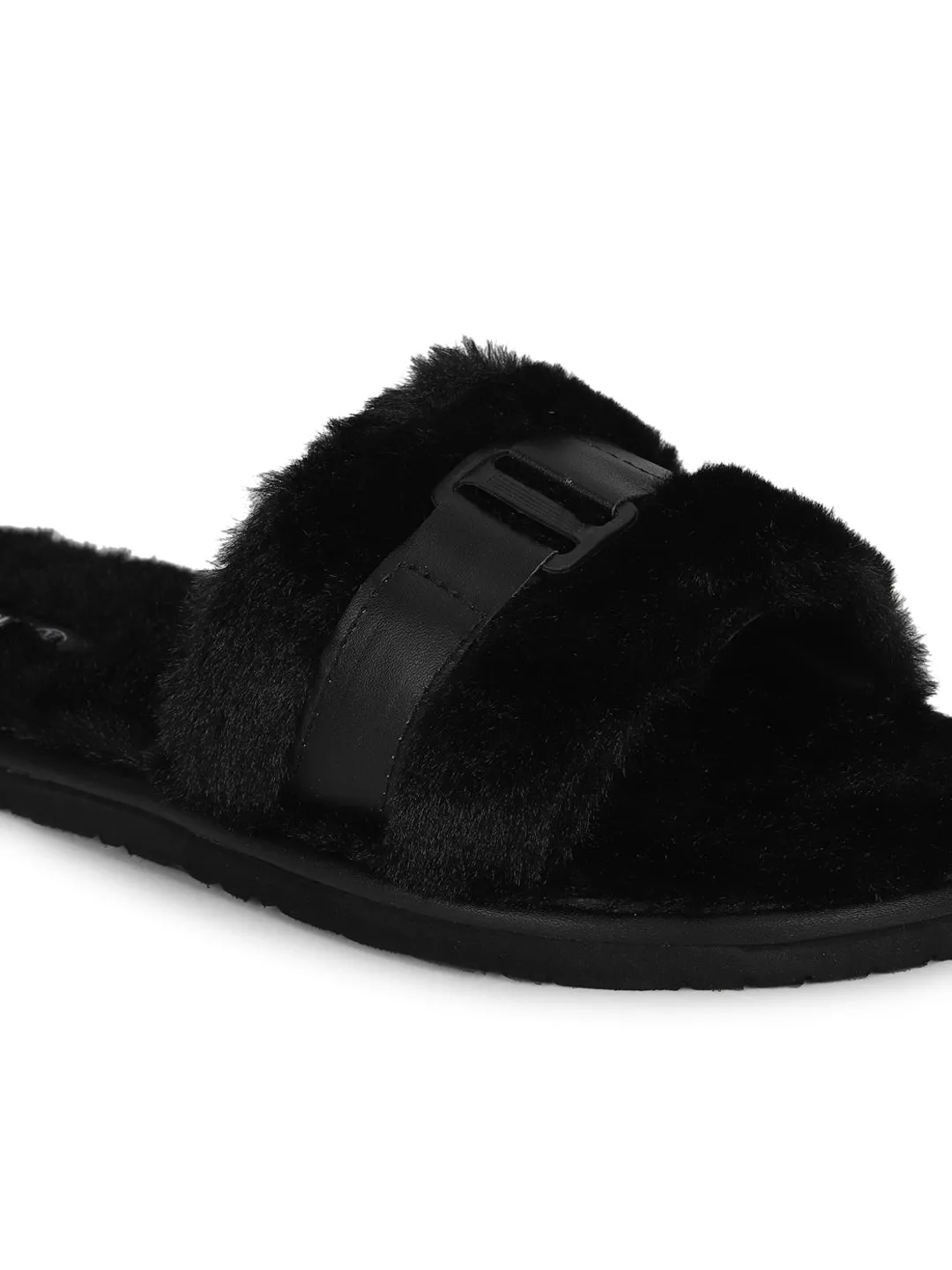 Black Fuzzy Fur Slip Ons With Buckle (TC-ST-1167-BLK)