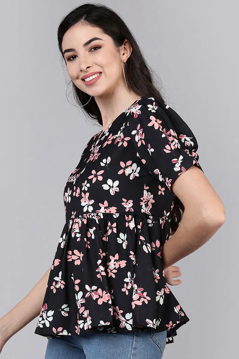 Black Georgette Floral Print Top