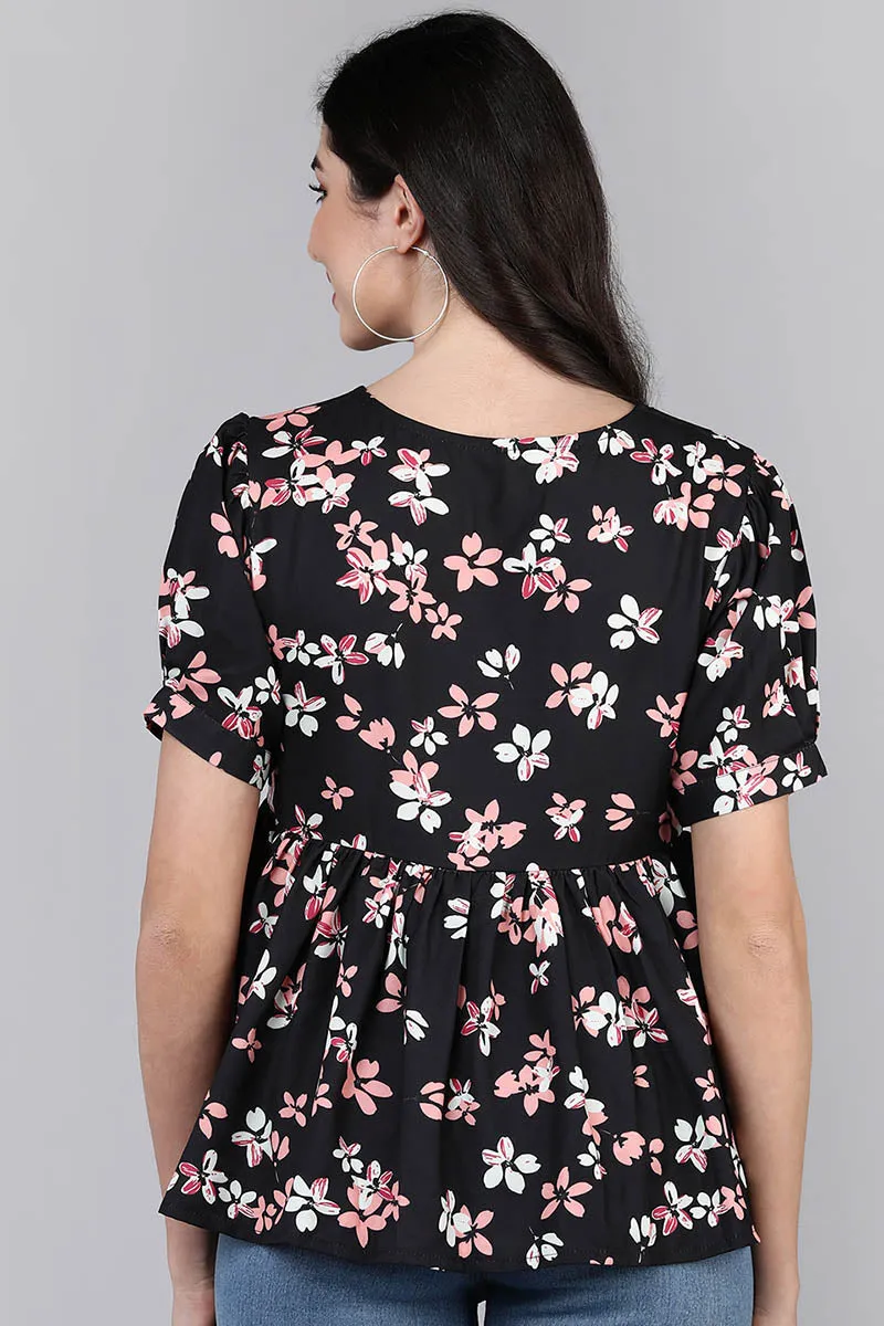 Black Georgette Floral Print Top