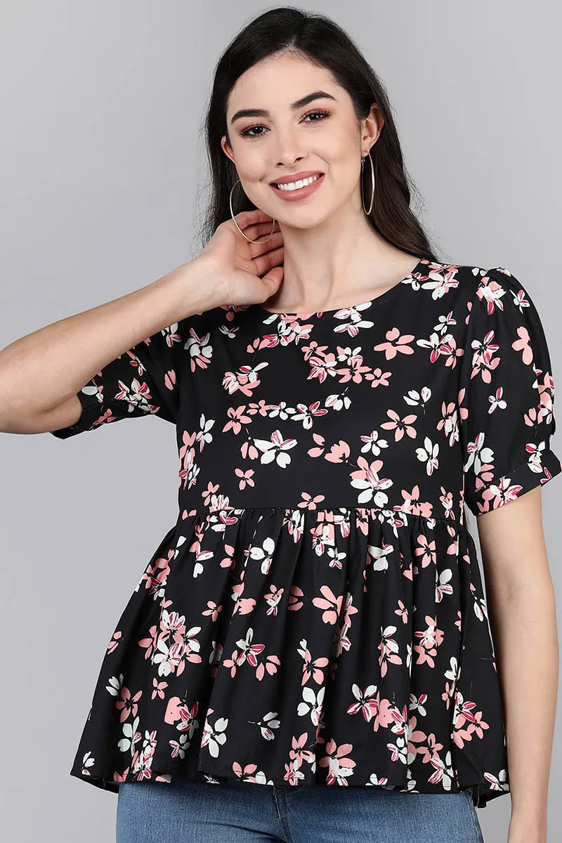 Black Georgette Floral Print Top