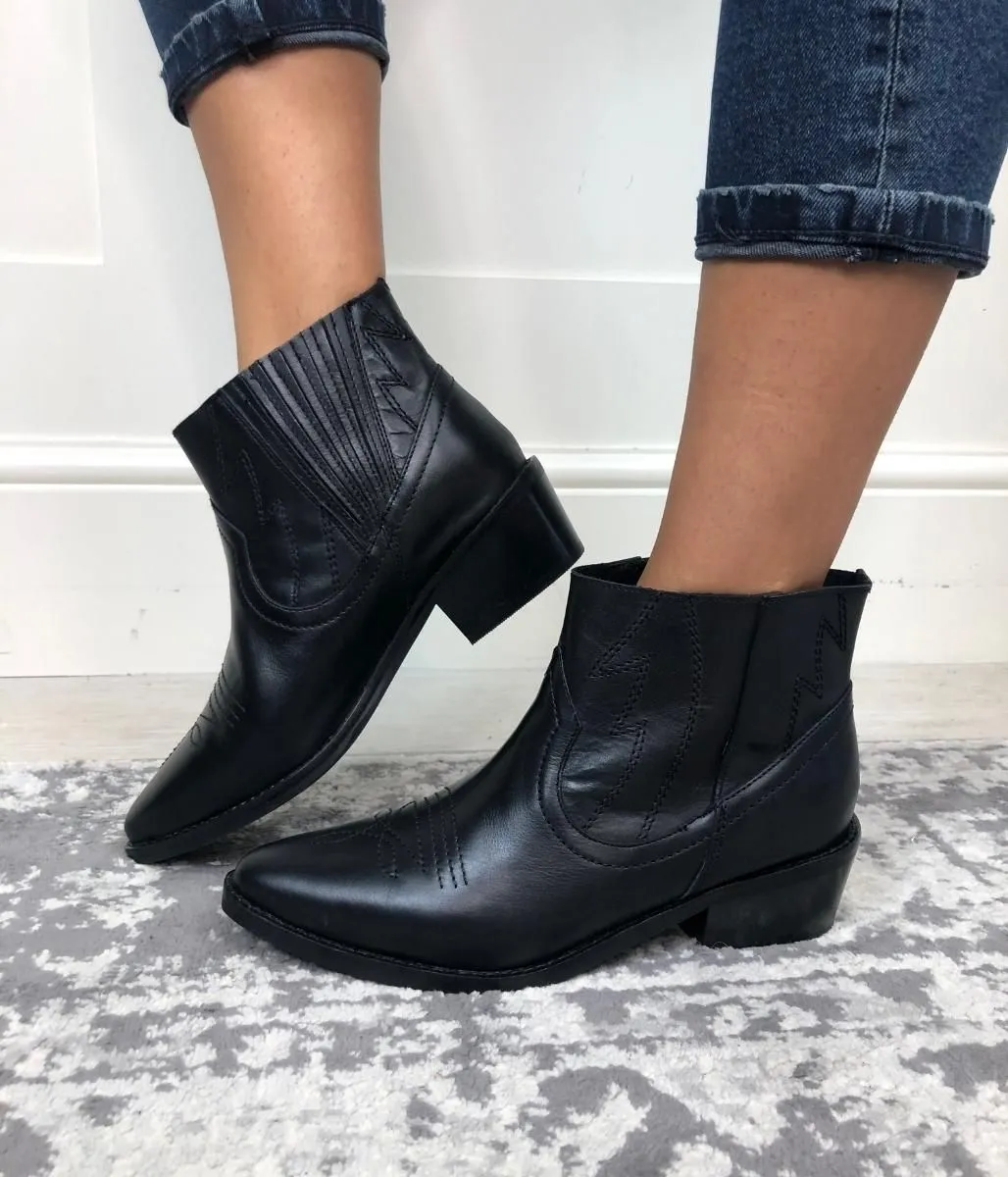 Black Leather Western Style Ankle Boots