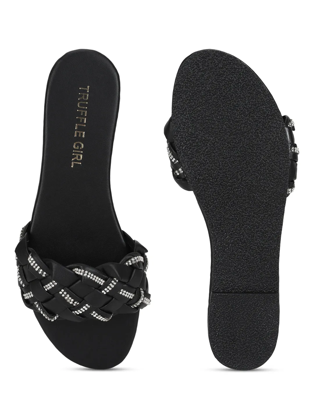 Black PU Braided Diamante Slip Ons (TC-ST-1215-BLK)