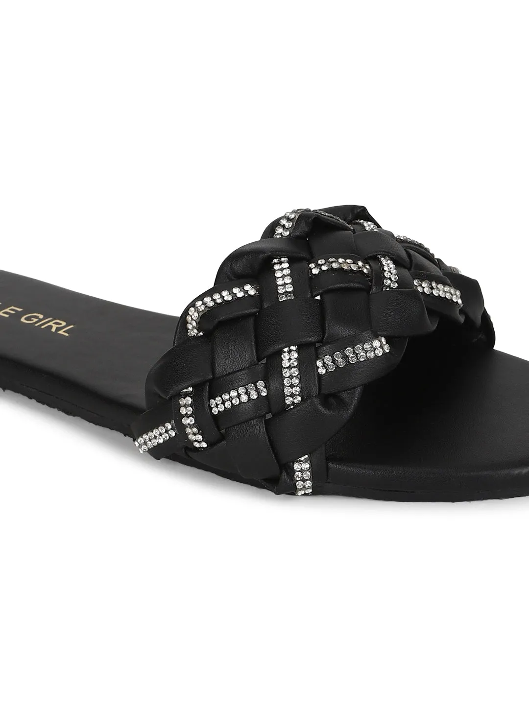 Black PU Braided Diamante Slip Ons (TC-ST-1215-BLK)