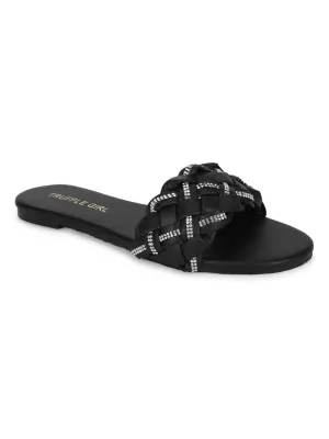 Black PU Braided Diamante Slip Ons (TC-ST-1215-BLK)