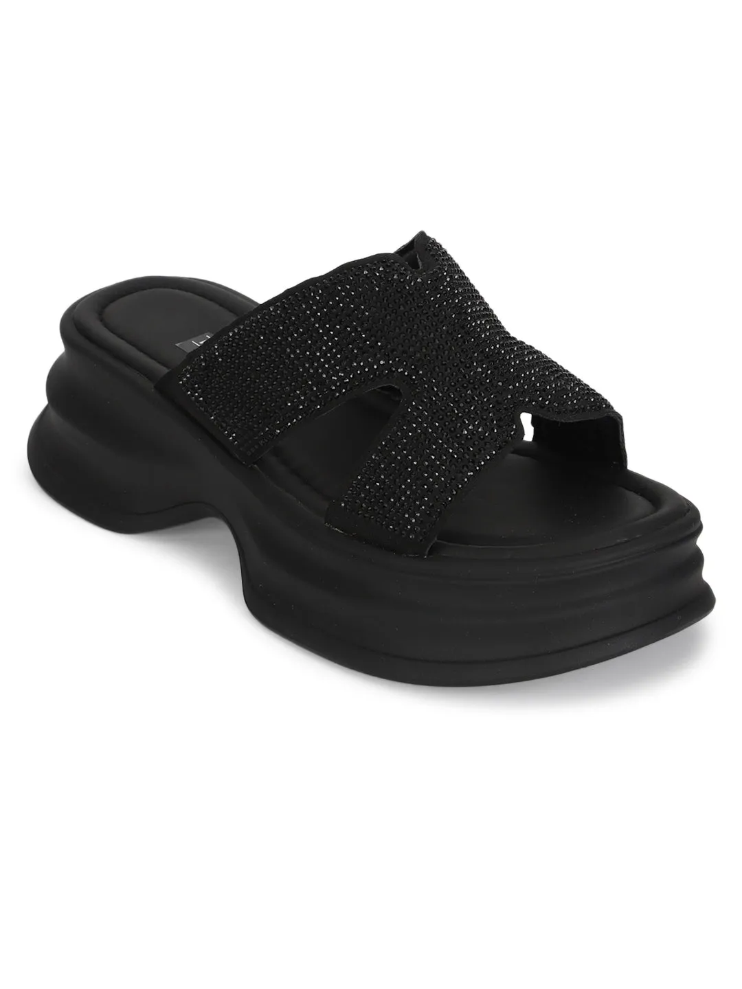 Black PU Diamonte Stylish Slip-On Flats (TC-RS3638-BLK)