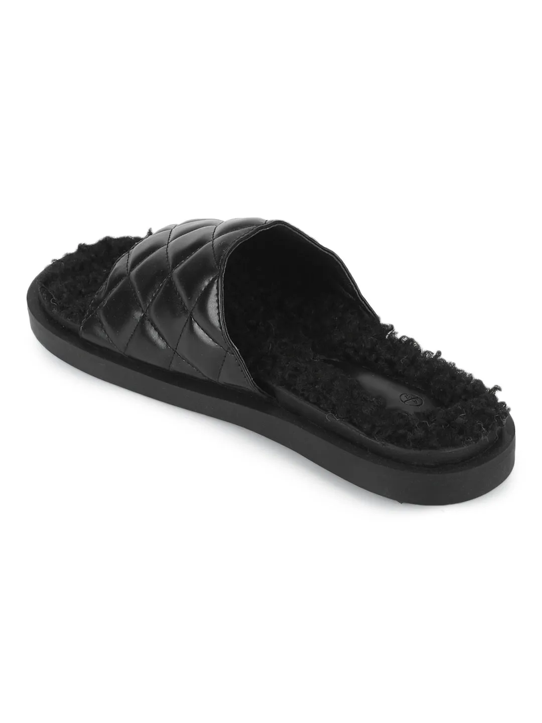 Black PU Faux Fur Quilted Slip Ons (TC-RLST7-BLK)