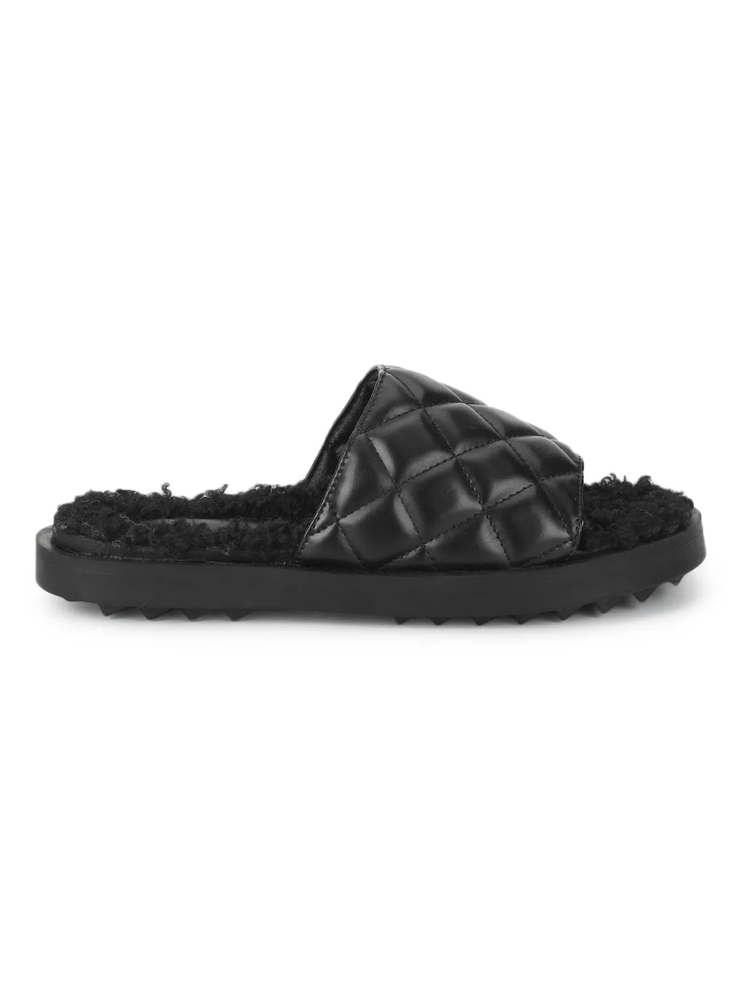 Black PU Faux Fur Quilted Slip Ons (TC-RLST7-BLK)