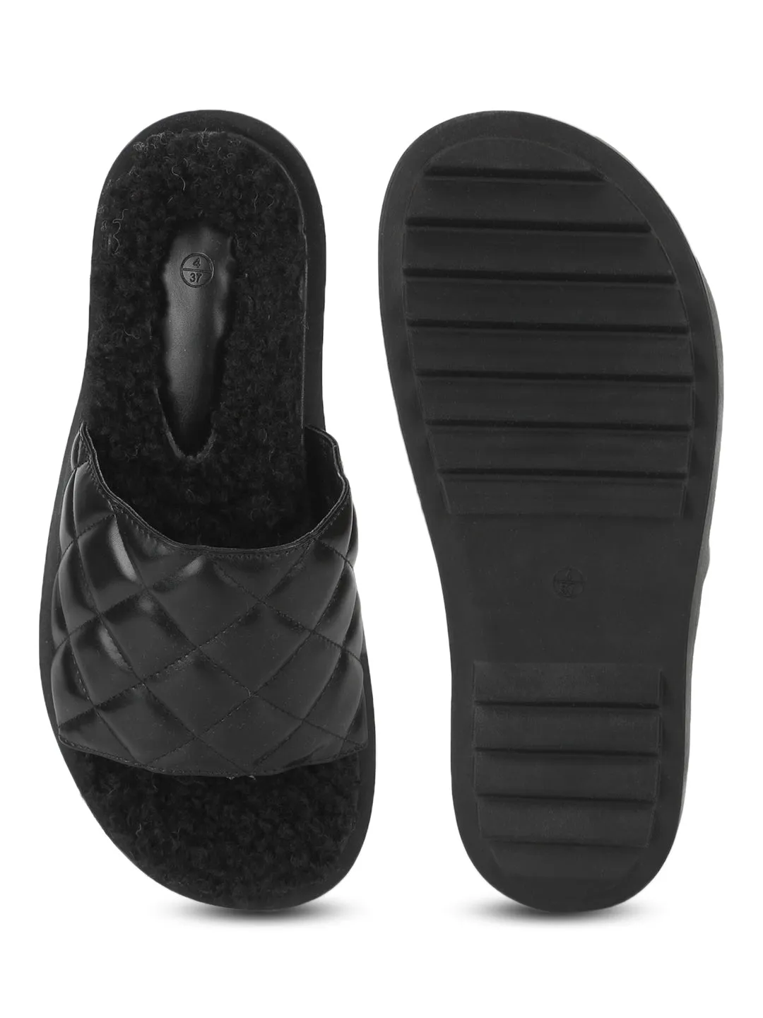 Black PU Faux Fur Quilted Slip Ons (TC-RLST7-BLK)