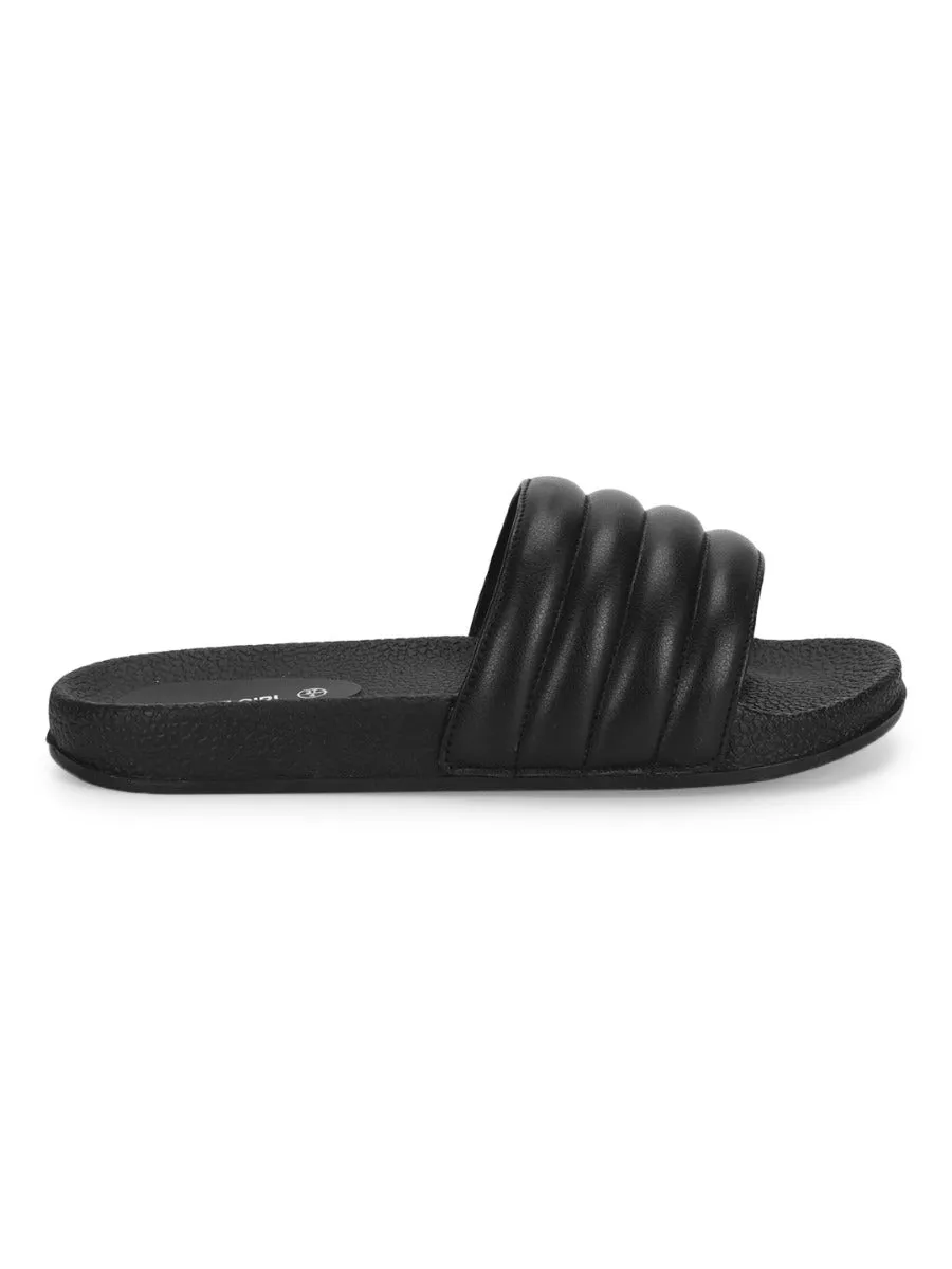 Black PU Line Quilted Slip Ons