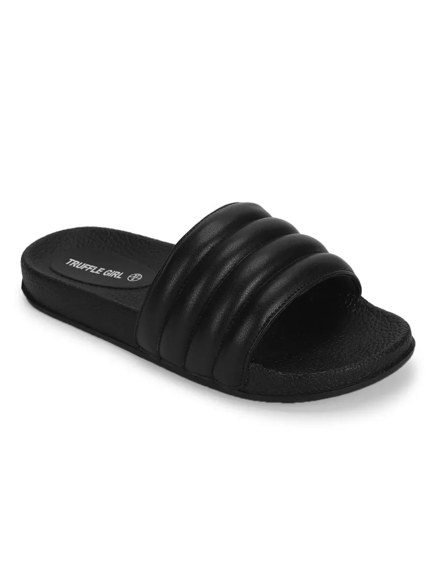 Black PU Line Quilted Slip Ons