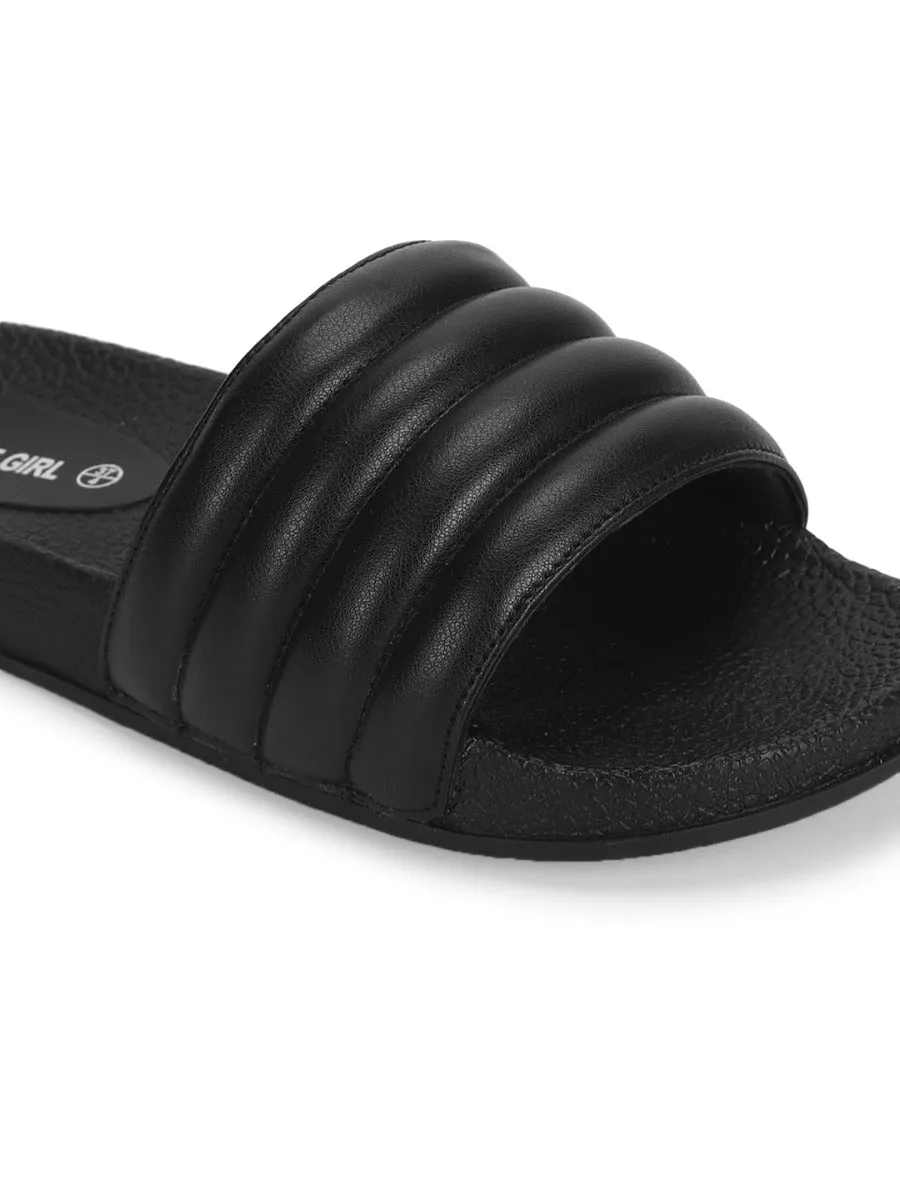 Black PU Line Quilted Slip Ons