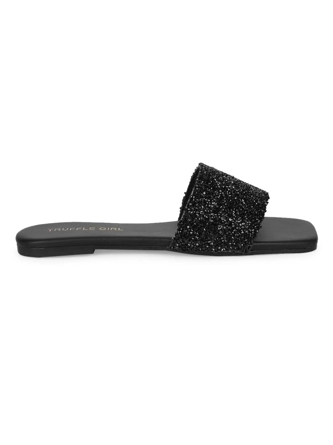 Black PU Sequin Glitter Strap Slip On Flats (TC-ST-1211-BLK)