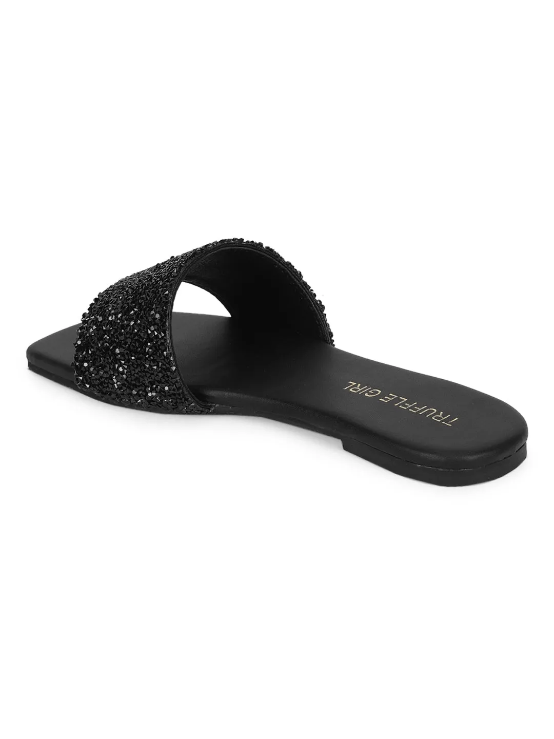 Black PU Sequin Glitter Strap Slip On Flats (TC-ST-1211-BLK)