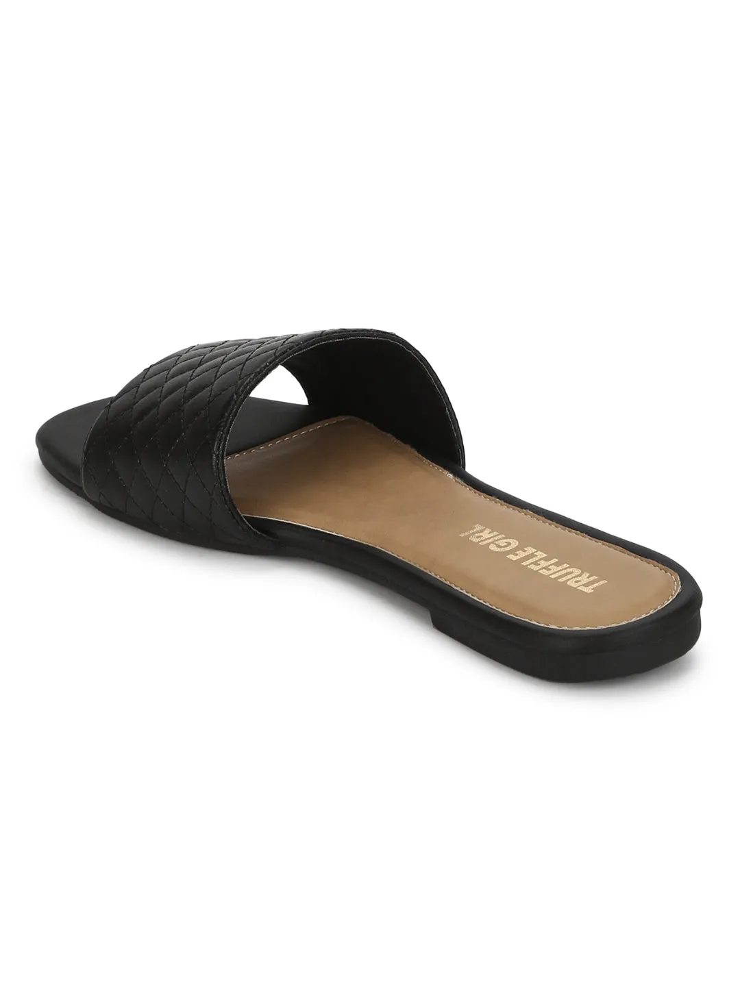 Black Quilted PU Slide on Flat Sandals