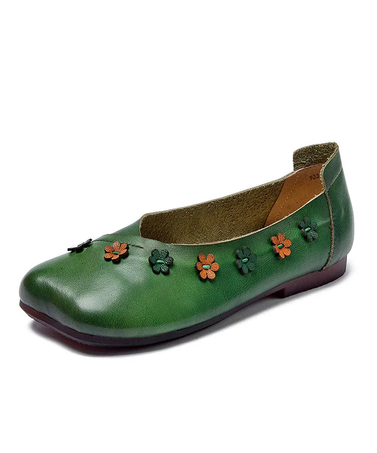 Bohemian Floral Splicing Flats Green Cowhide Leather LY7636