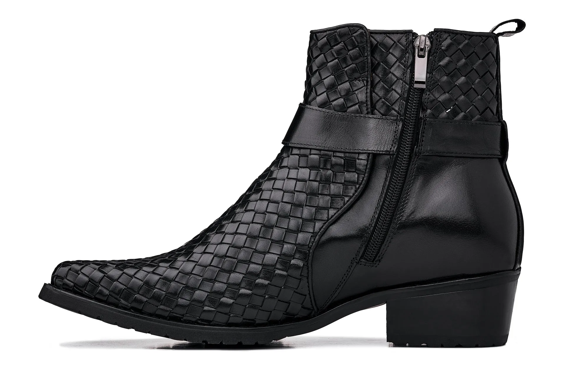 CALTO - K30523 - 3.3 Inches Taller (Black) - Woven High-Top Ankle Buckle Zipper Boots