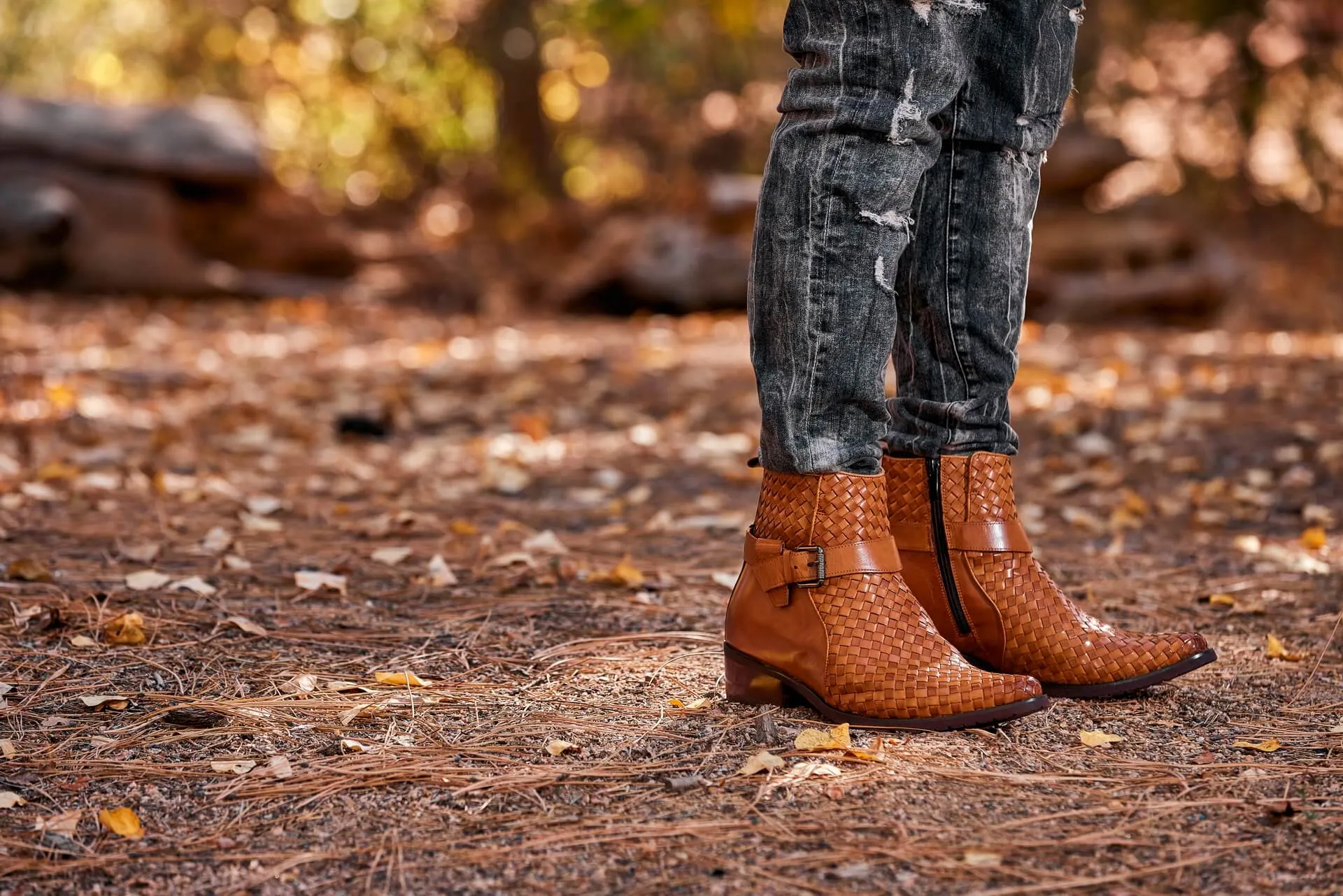 CALTO - K30524 - 3.3 Inches Taller (Light Brown) - Woven Buckle High-Top Ankle Zip-Up Boots