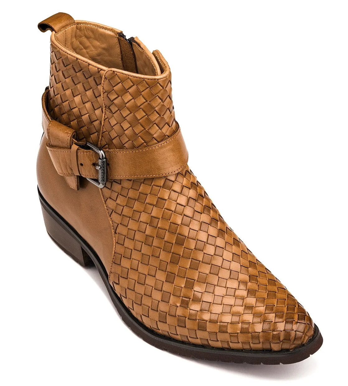 CALTO - K30524 - 3.3 Inches Taller (Light Brown) - Woven Buckle High-Top Ankle Zip-Up Boots