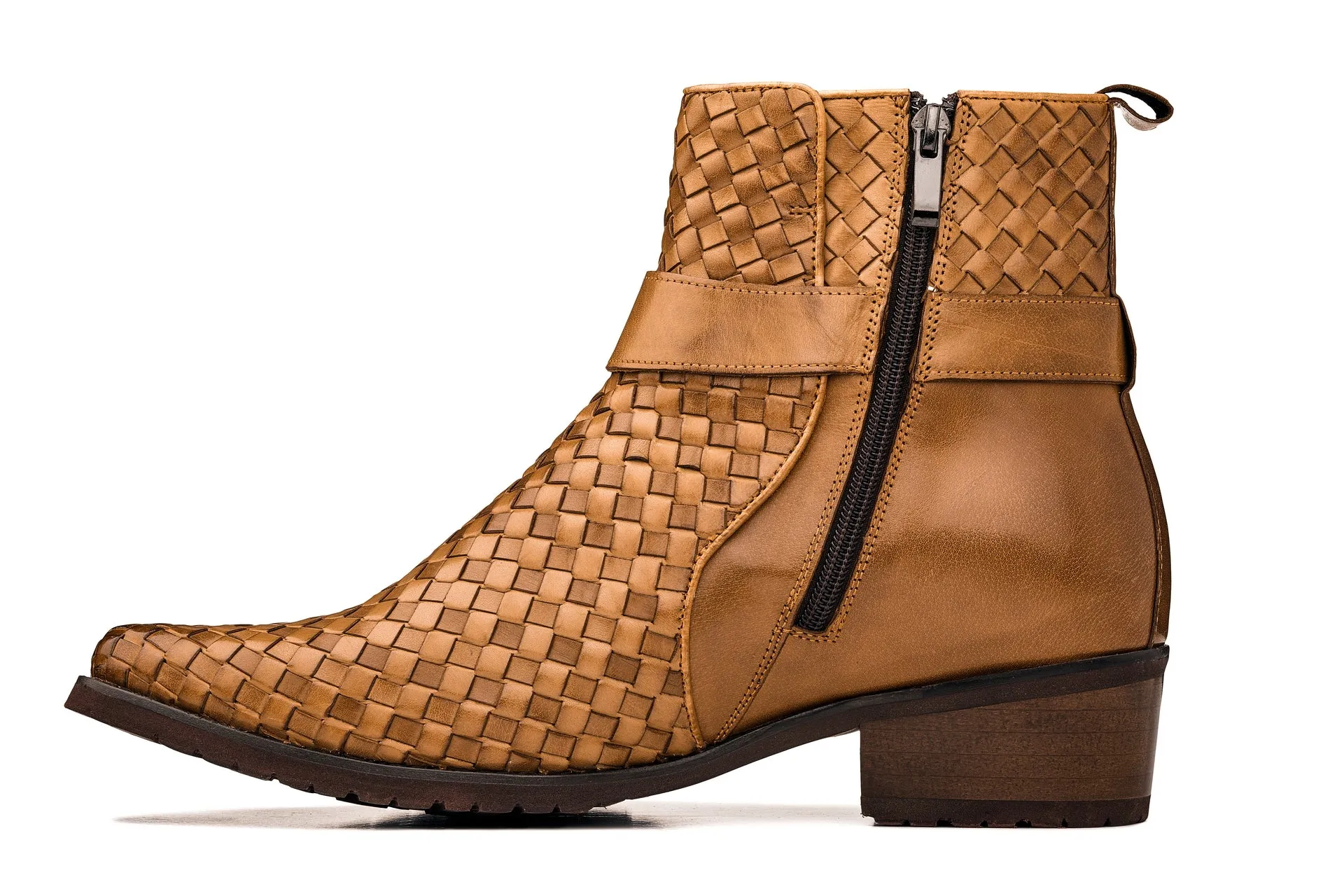 CALTO - K30524 - 3.3 Inches Taller (Light Brown) - Woven Buckle High-Top Ankle Zip-Up Boots