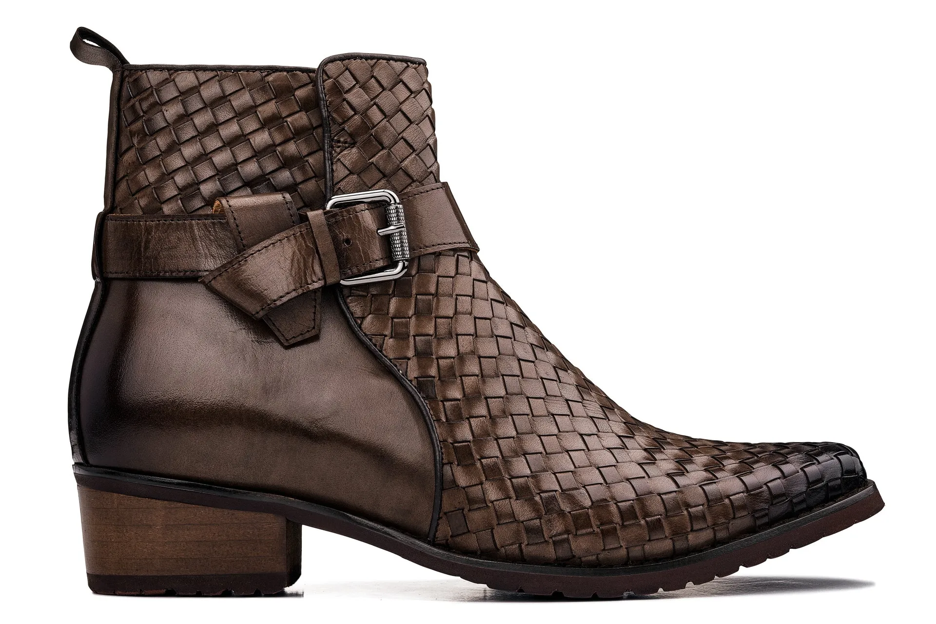 CALTO - K30525 - 3.3 Inches Taller (Coffee Brown) - Woven High-Top Buckle Zipper Ankle Boots