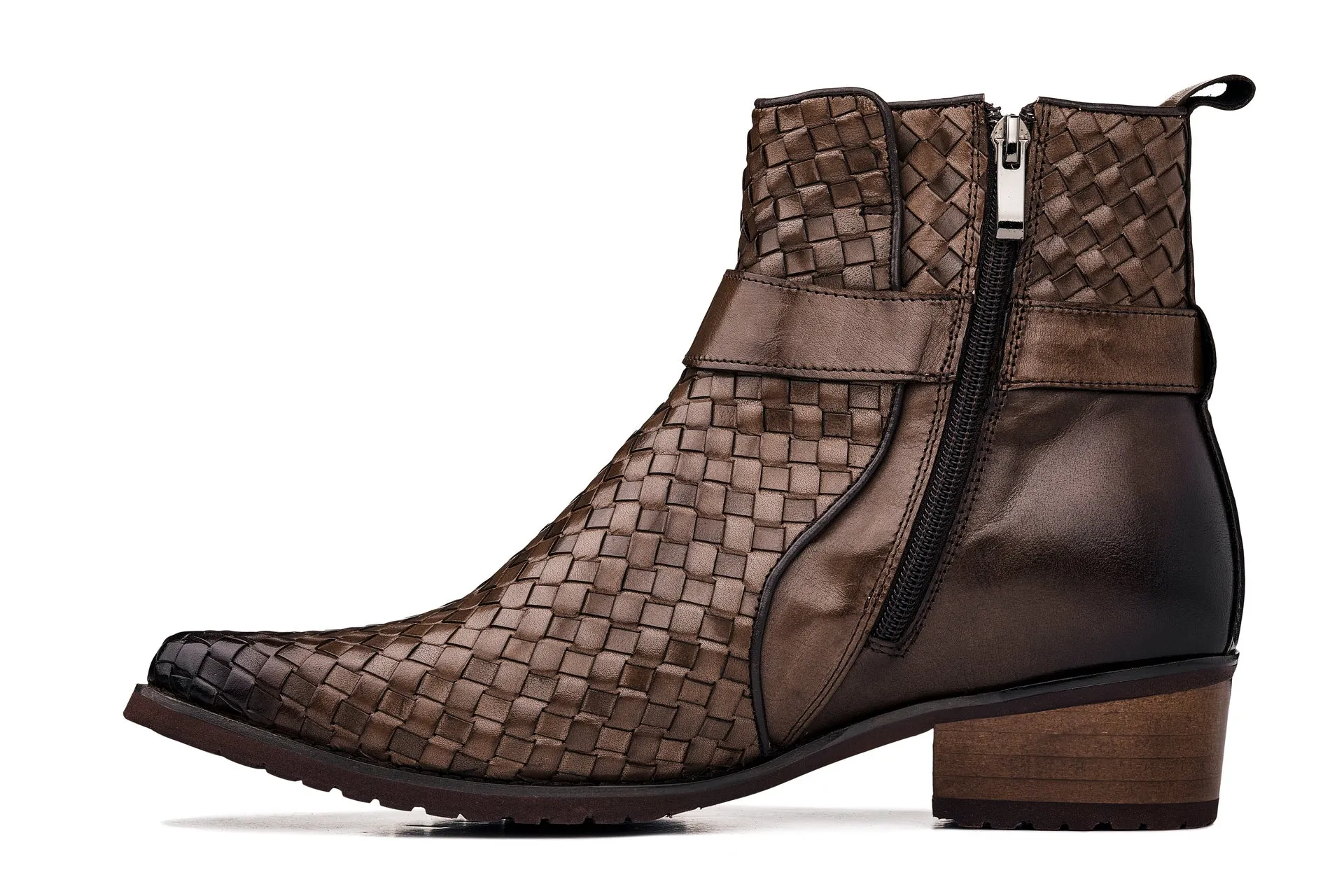 CALTO - K30525 - 3.3 Inches Taller (Coffee Brown) - Woven High-Top Buckle Zipper Ankle Boots