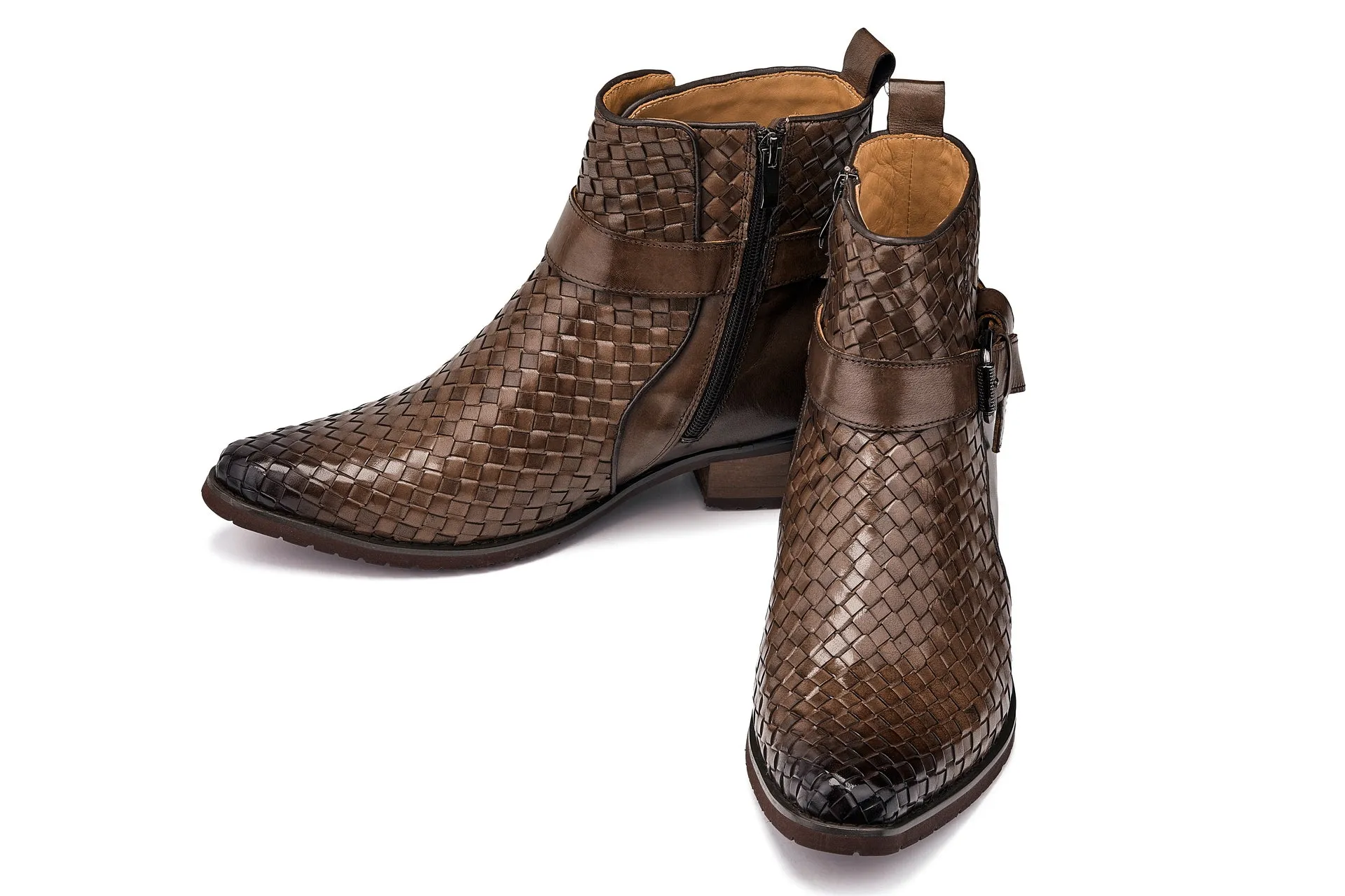 CALTO - K30525 - 3.3 Inches Taller (Coffee Brown) - Woven High-Top Buckle Zipper Ankle Boots