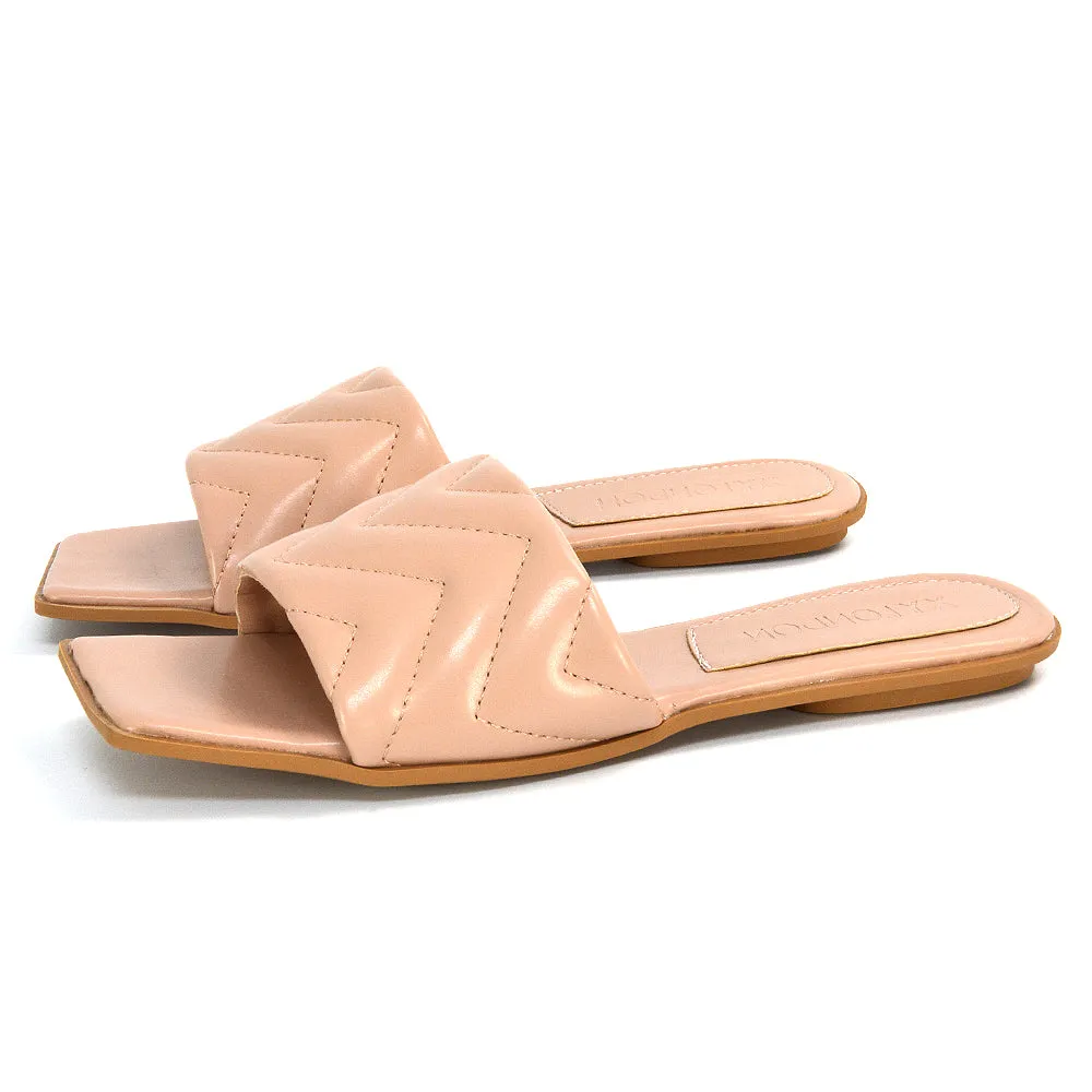 CHERRY QUILTED STRAPPY SQUARE TOE SLIDER SANDALS IN NUDE SYNTHETIC LEATHER