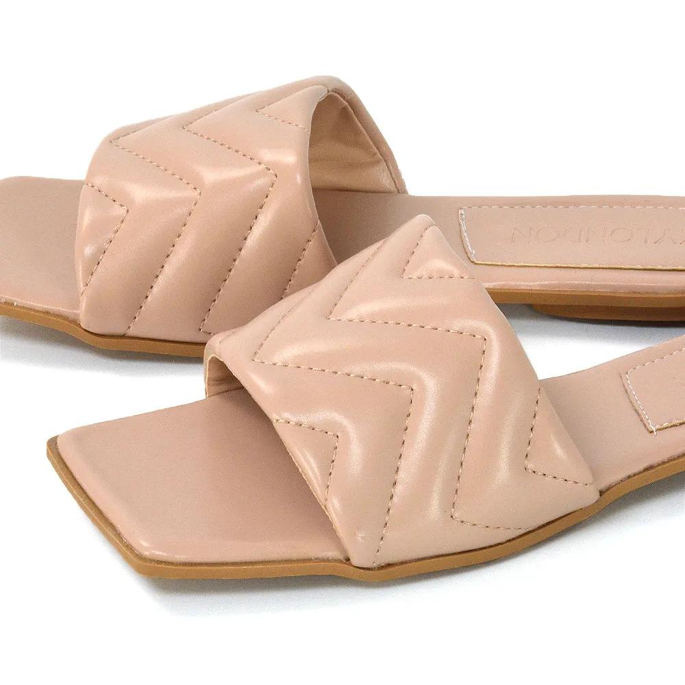 CHERRY QUILTED STRAPPY SQUARE TOE SLIDER SANDALS IN NUDE SYNTHETIC LEATHER