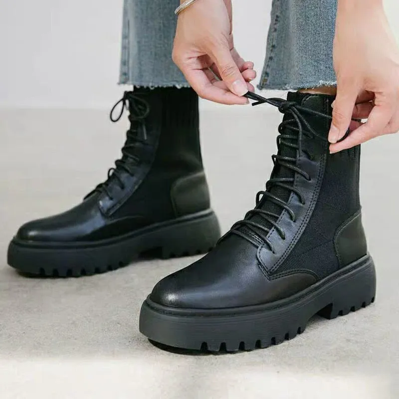 Christmas Gift Fashion Boots Women Lace Up Comfort Platform Mid Calf Boots Woman Sock Shoes Ladies No Slip Flats Boots Autumn Botas Female