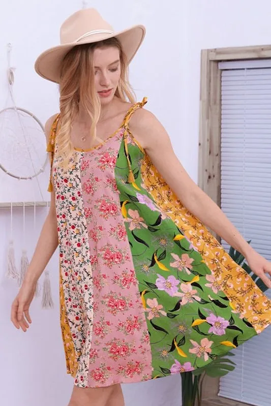 Color Block Floral Print Dress with Tassel Ties