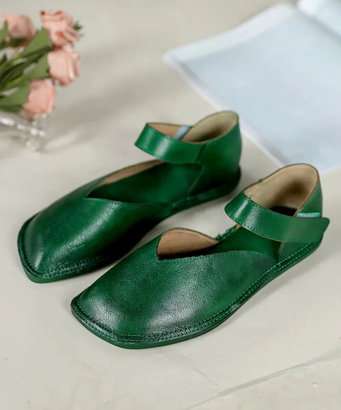 Comfy Green Flats Cowhide Leather Handmade Buckle Strap Flat Shoes