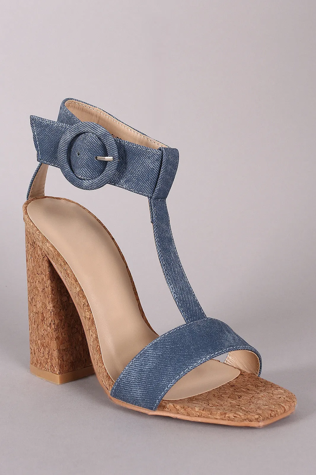 Denim T Strap Chunky Cork Heel