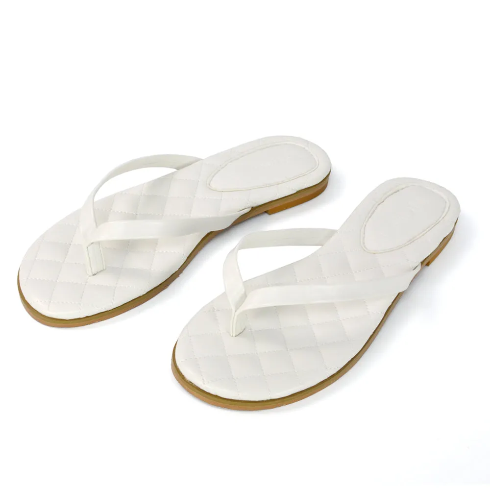 Emersyn Quilted Insole Design Flat Toe Post Flip Flops Summer Sandals in White