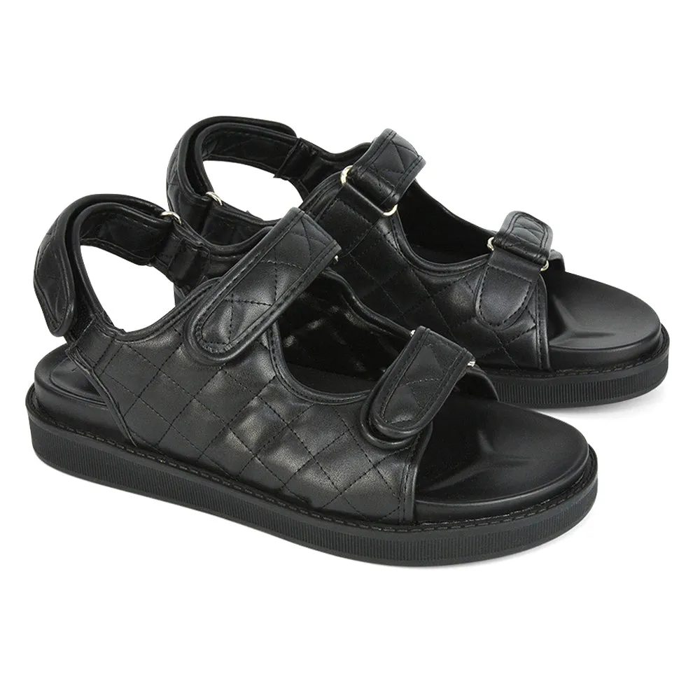 Erina Quilted Double Strap Flat Dad Sandals In Black Synthetic Leather