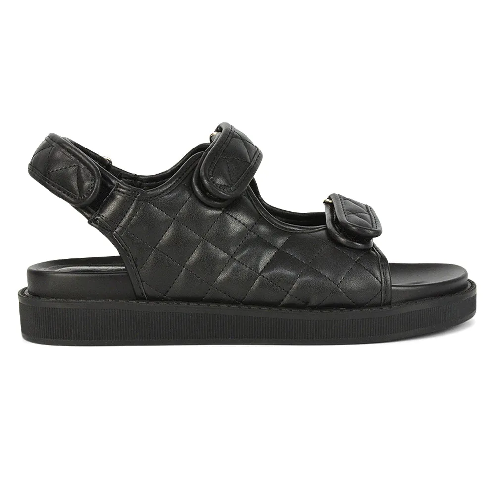 Erina Quilted Double Strap Flat Dad Sandals In Black Synthetic Leather