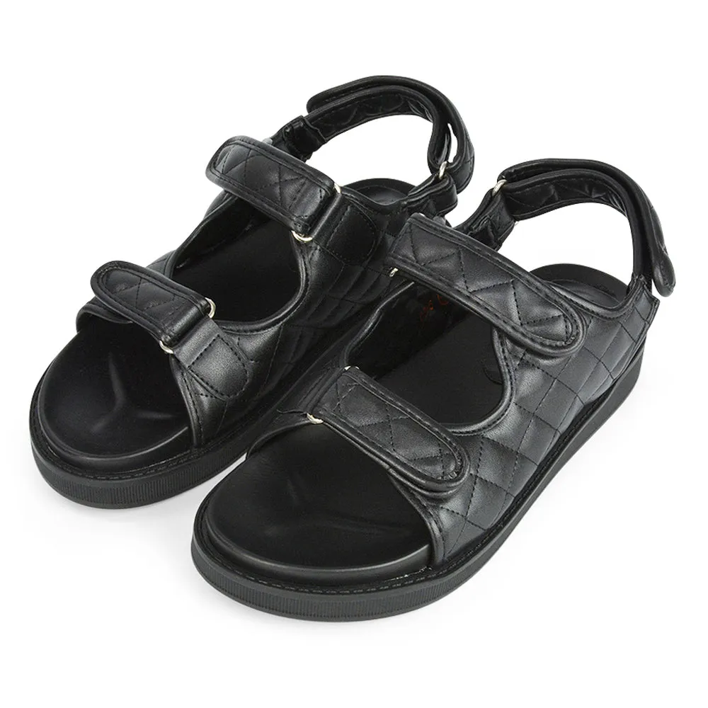 Erina Quilted Double Strap Flat Dad Sandals In Black Synthetic Leather