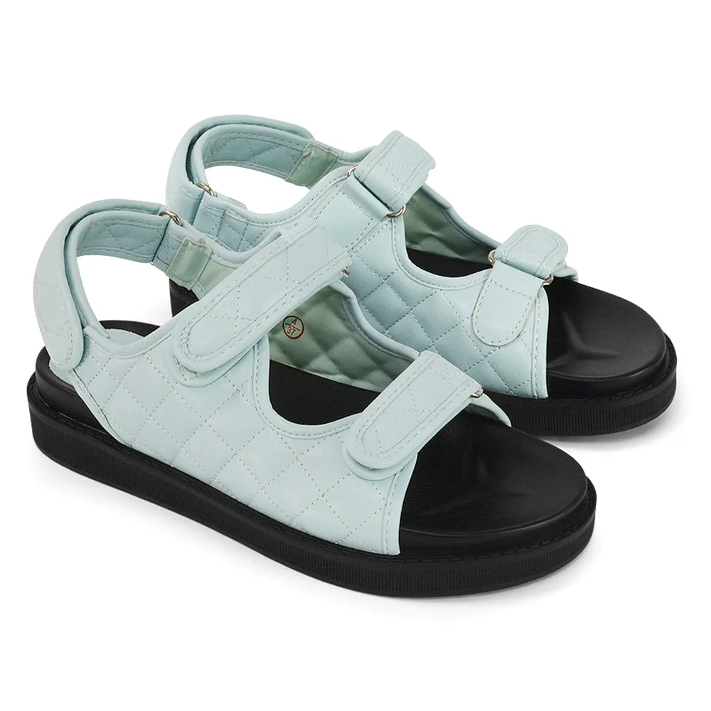 Erina Quilted Double Strap Flat Dad Sandals In Blue Synthetic Leather