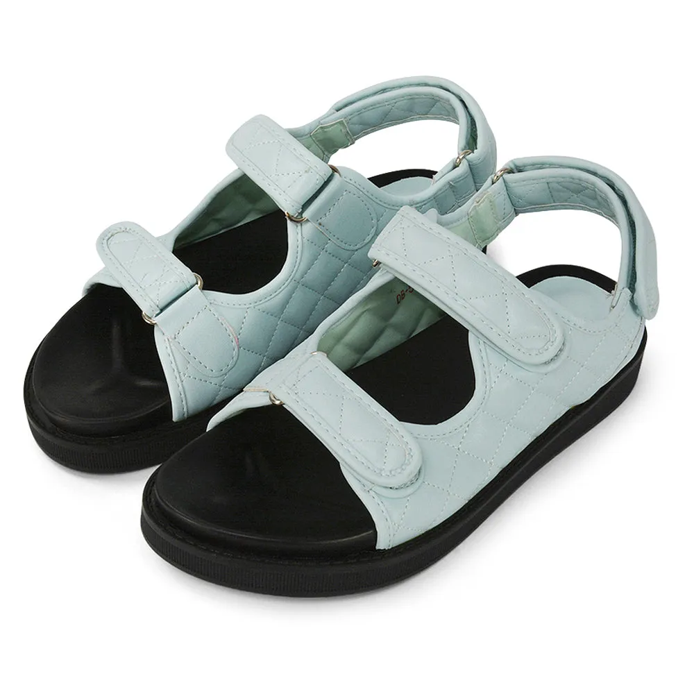 Erina Quilted Double Strap Flat Dad Sandals In Blue Synthetic Leather